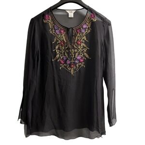 SLB Top Womens M Black Sheer Silk Tunic Floral Embroidered Tie Neck Boho Hippie